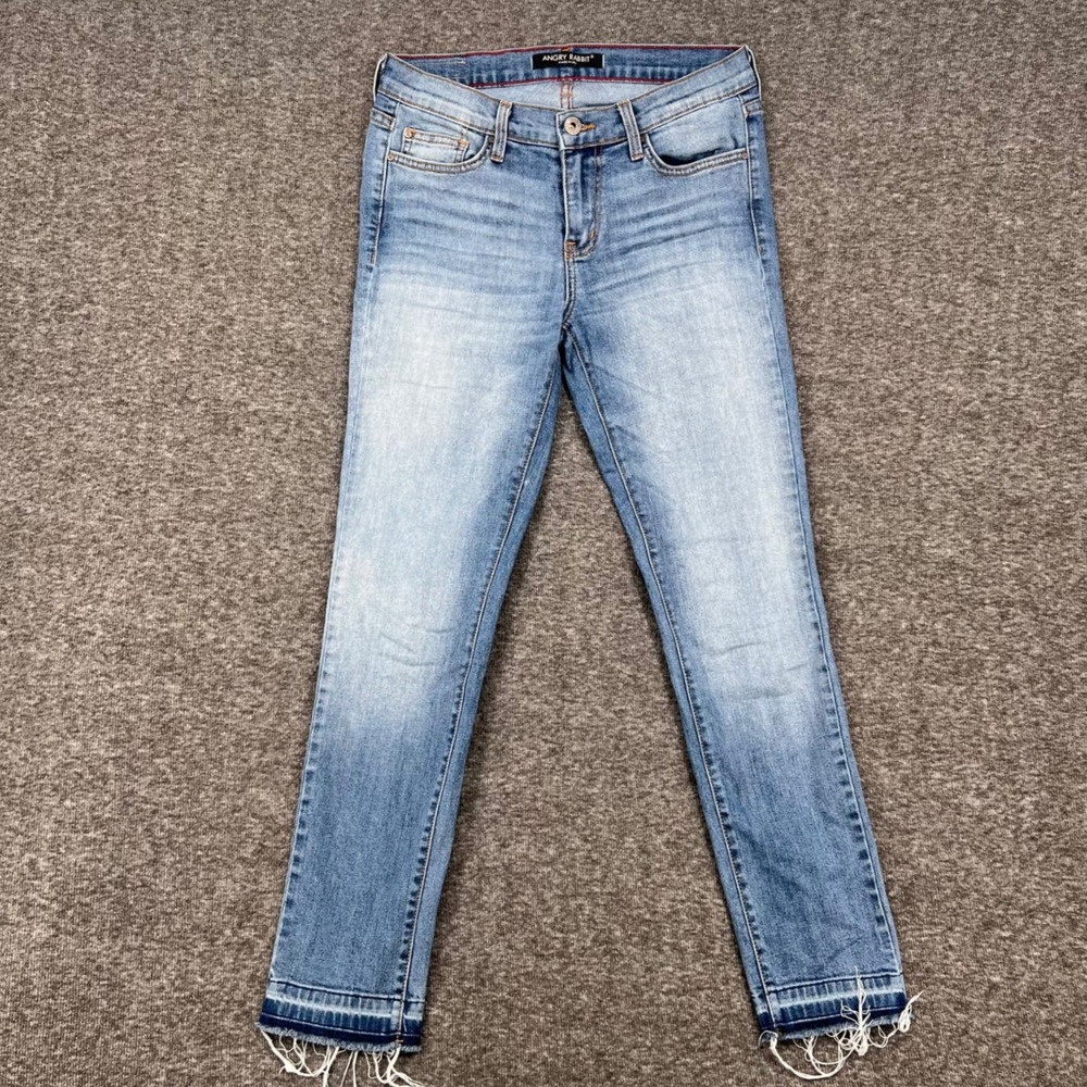 Angry Rabbit Womens Light Wash Skinny Jeans Frayed Raw Released Hem Size 27/3